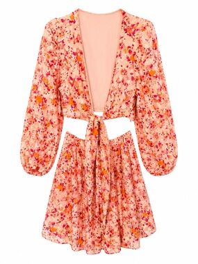 Meet Me In Santorini Floral Tie Front Cutout Mini Dress NWT Large Pink Resort